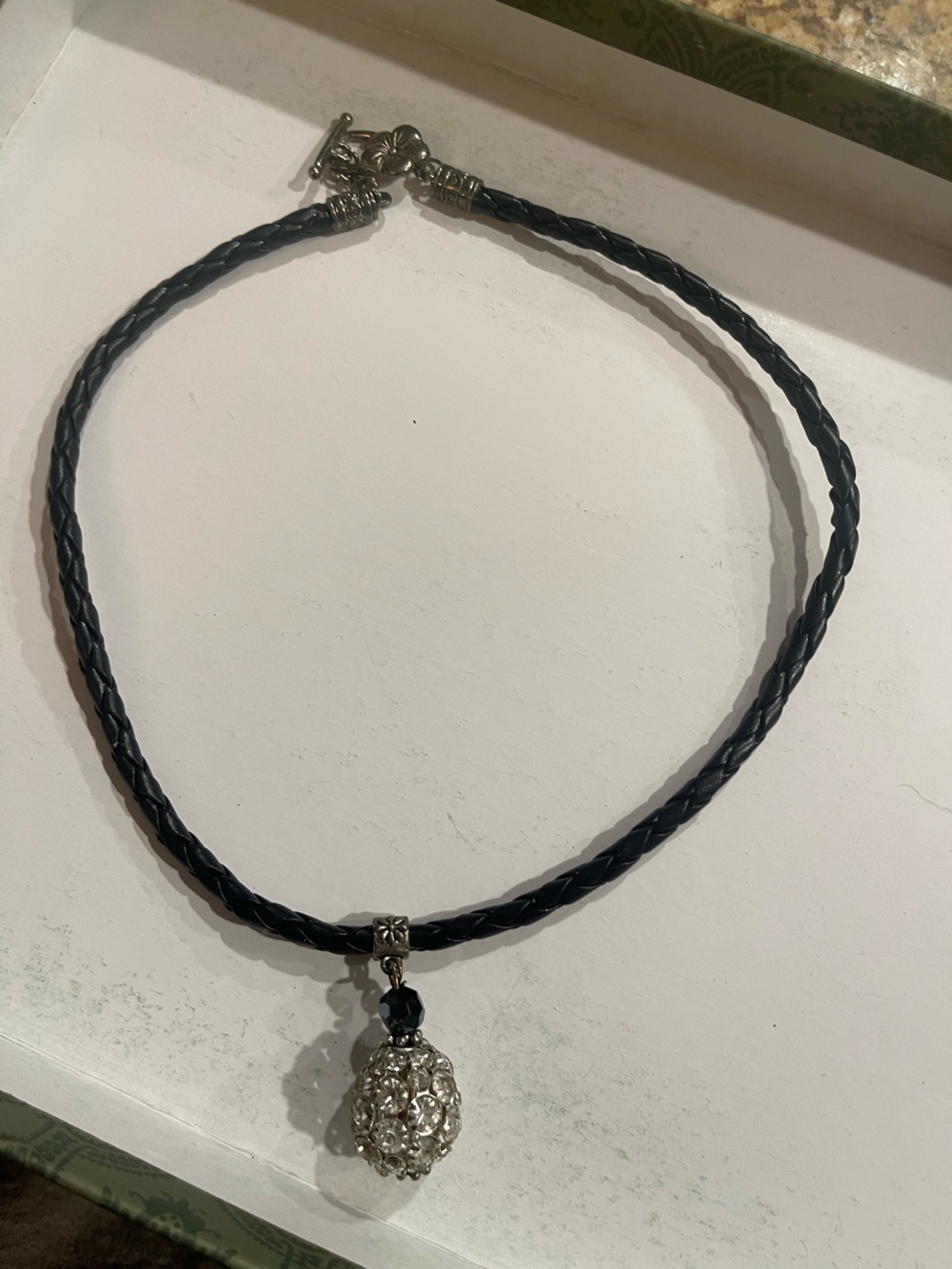 Black Braided Leather Necklace with Crystal Drop Pendant